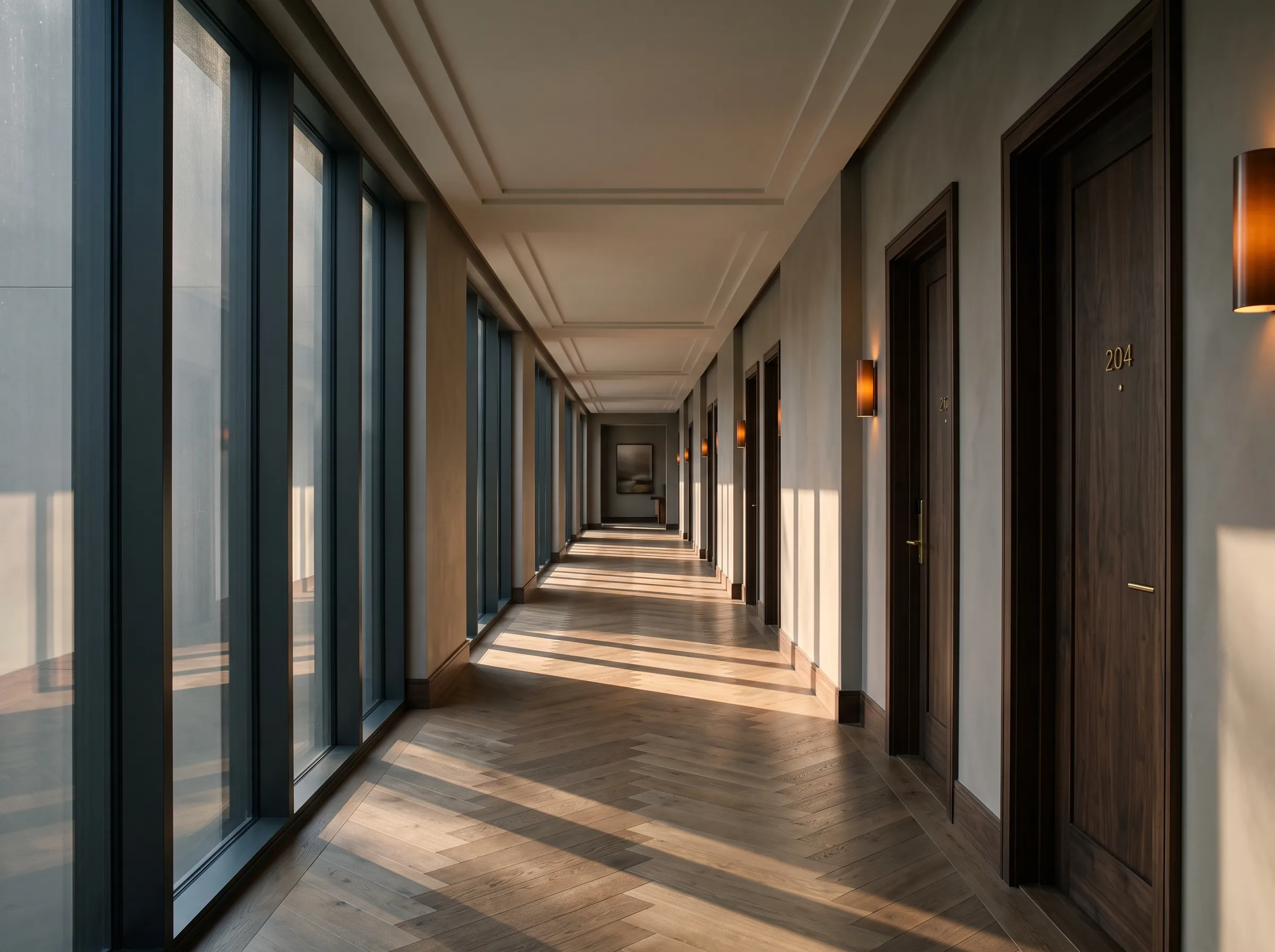 Luxury boutique hotel interior corridor and room wing