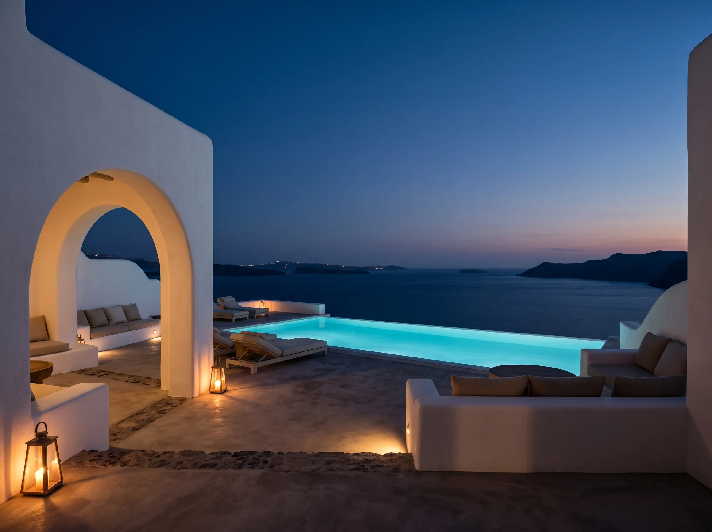 Villa Vista Resort patio terrace and pool overlooking Cyclades
